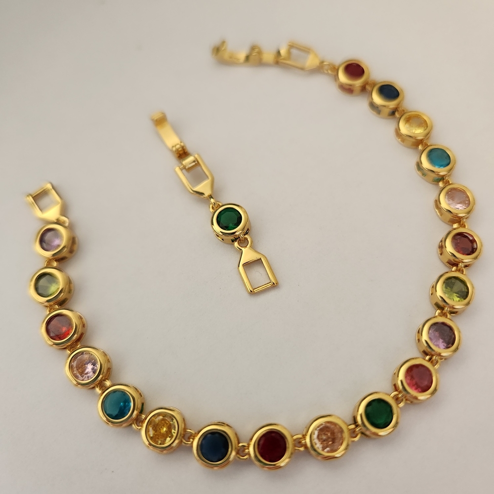 New 18K Gold Plated Multicolored Gemstones Diamond Bezel Bracelet With Extender